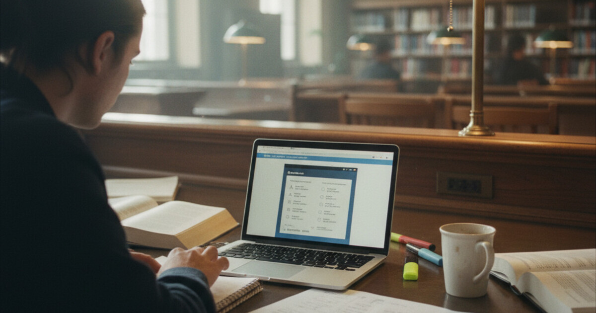 College student at a library desk with laptop showing a quiz, surrounded by lecture notes and study materials