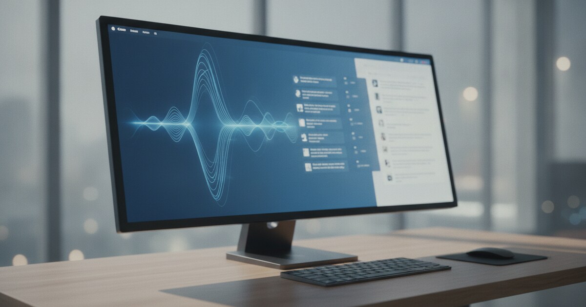 Auto transcribing software interface showing audio waveform converting to text on a laptop screen