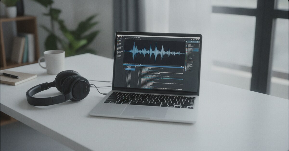 Laptop showing a transcription interface with waveform display and headphones on a clean white desk