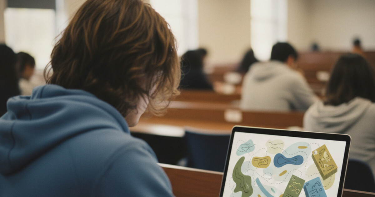 Student recording a lecture on a laptop with AI-generated notes and flashcards appearing on the screen in a clean minimal interface