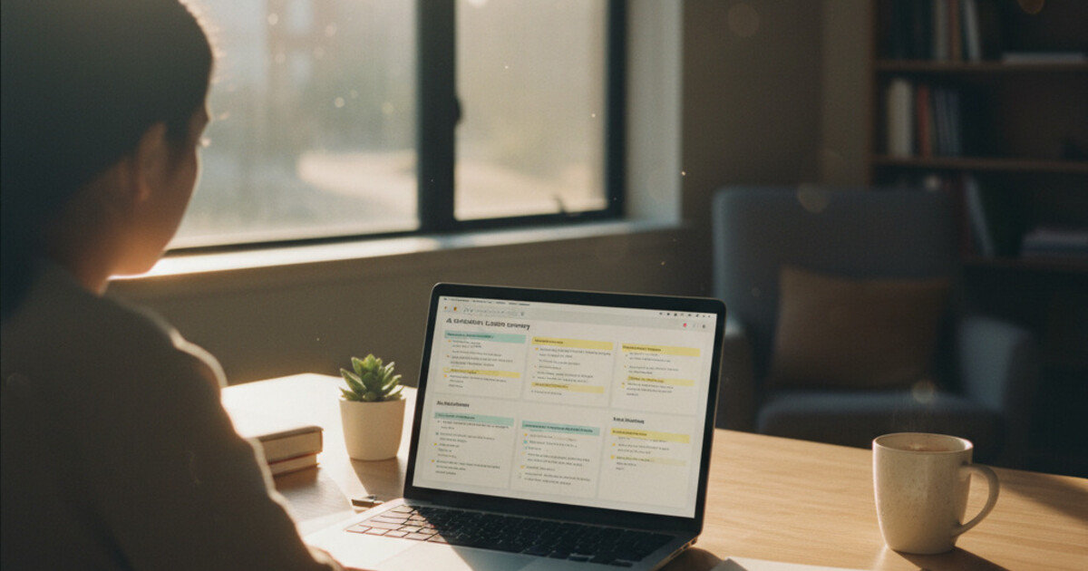Student at a desk reviewing AI-generated lecture summary on a laptop screen
