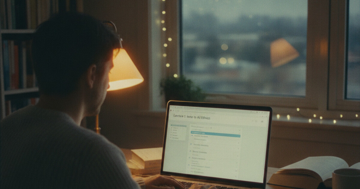 Adult learner studying with a laptop open, reviewing AI-generated notes from a recorded lecture