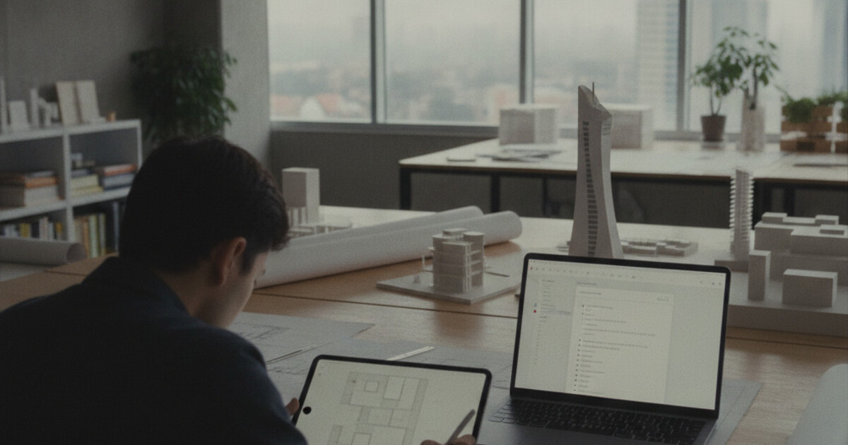 Architecture student using an iPad with Apple Pencil to annotate drawings in a design studio, laptop with note-taking app open nearby