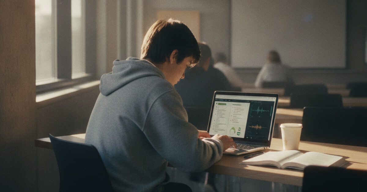 Community college student recording a lecture on a laptop with AI-generated notes appearing on screen