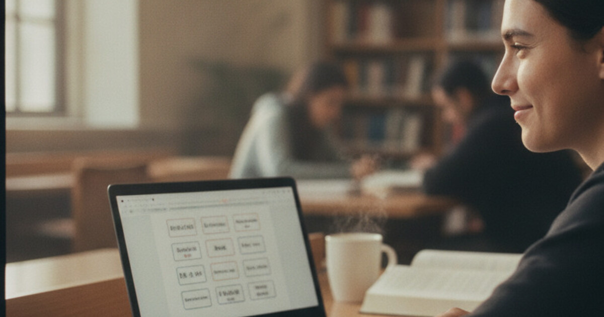 International student smiling at laptop with multilingual notes and flashcards on screen in a university library