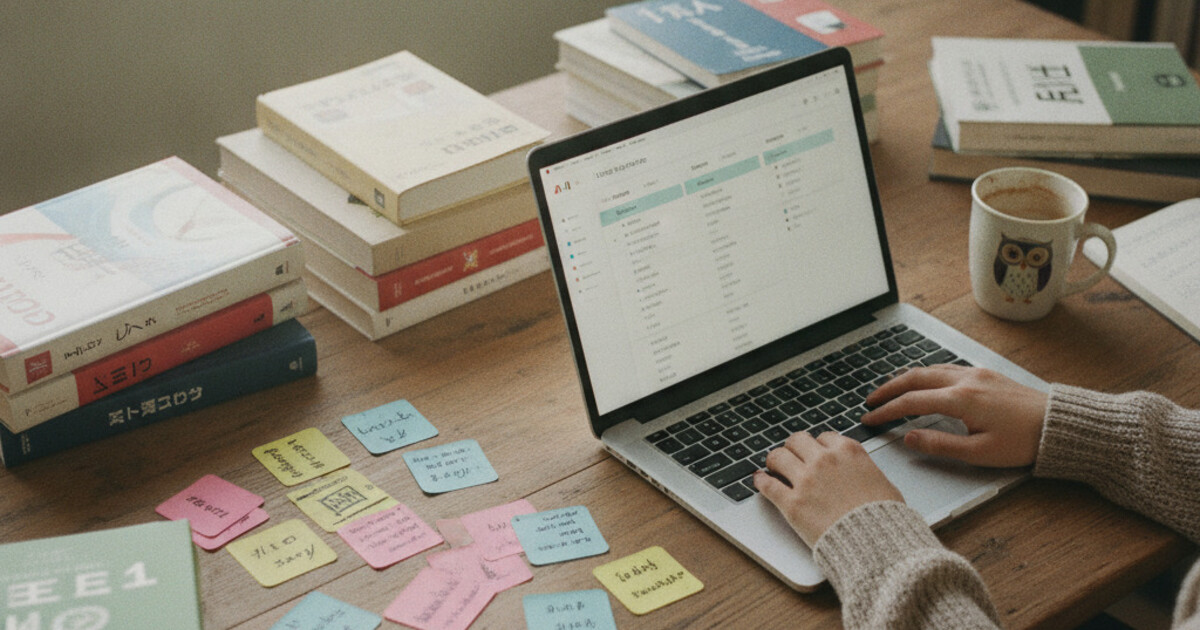 Student at a desk with language textbooks and vocabulary cards, laptop showing multilingual notes on NoteHive