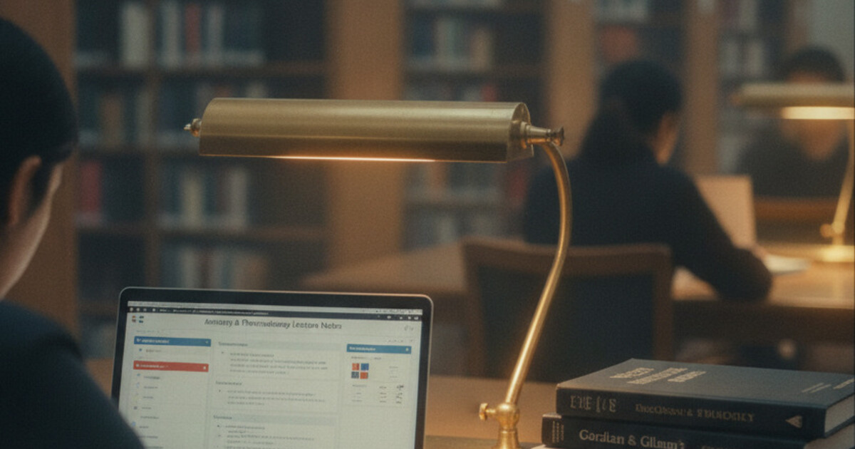 Medical student at a library desk with a laptop showing organized anatomy and pharmacology lecture notes, medical textbooks and a stethoscope nearby, warm study lamp light, focused academic environment