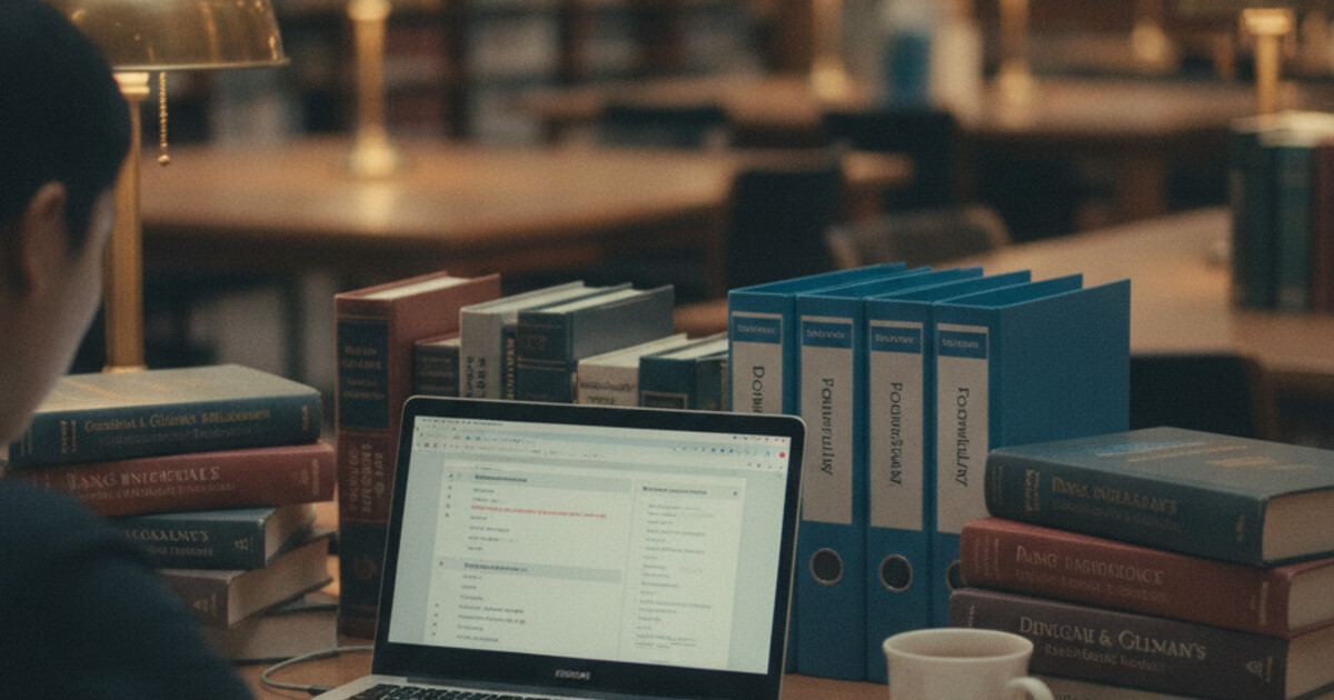 Pharmacy student studying at a desk with a laptop showing organized lecture notes and pharmacology textbooks nearby