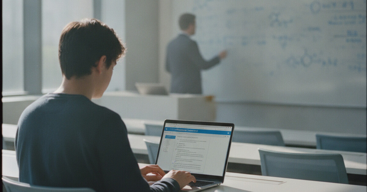 Student using a note-taking app on a laptop during a STEM lecture with equations on a whiteboard