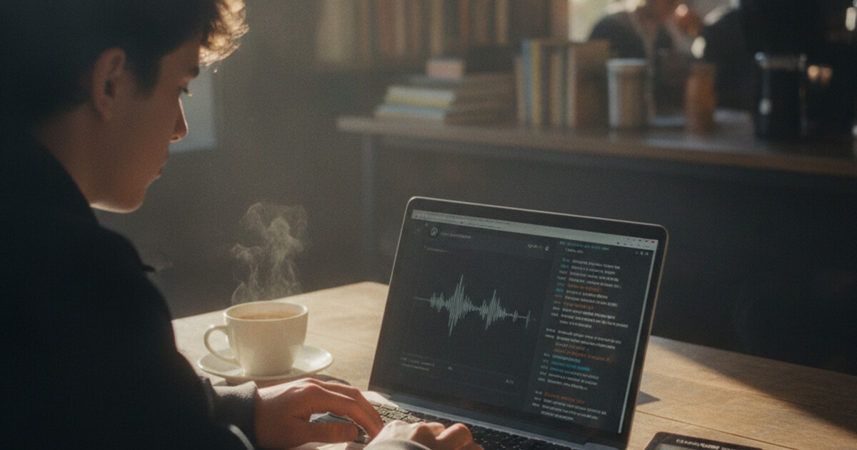 Working college student recording a lecture on a laptop with AI-generated notes on screen, work uniform visible nearby