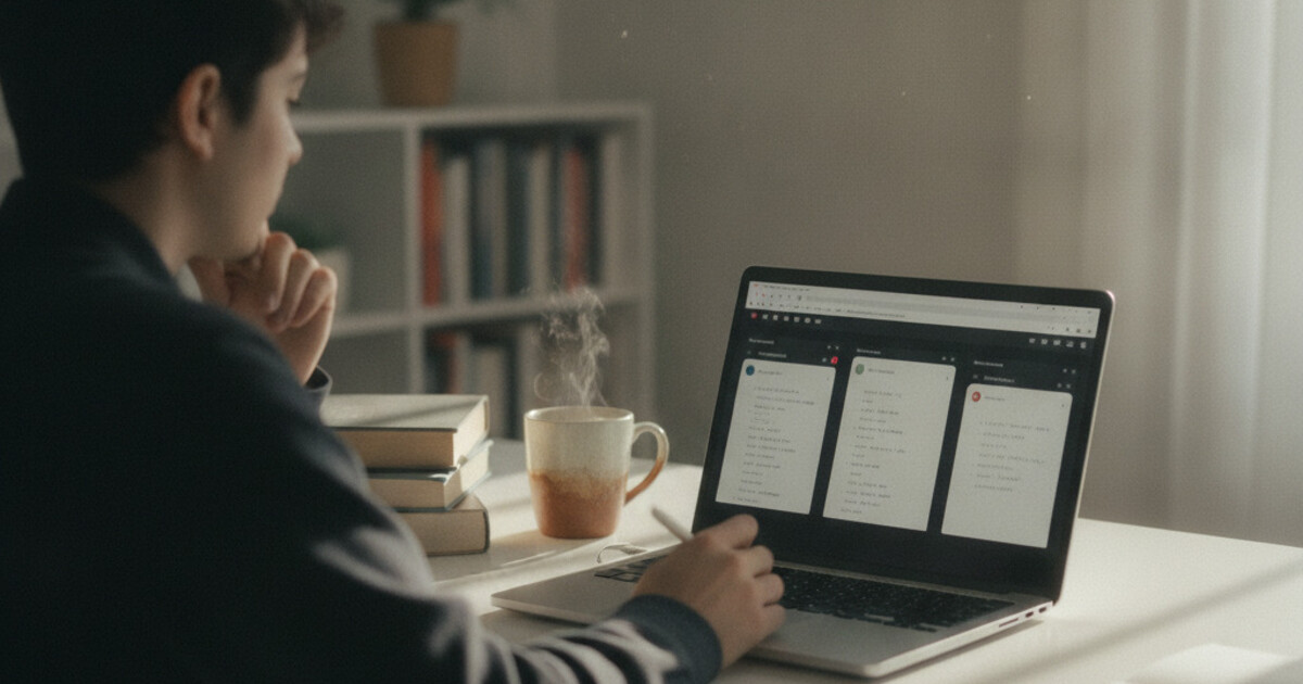 Student comparing note-taking apps on a laptop at a clean study desk