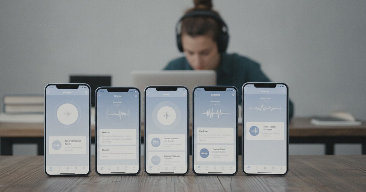 Five smartphone screens showing different transcription app interfaces with audio waveforms