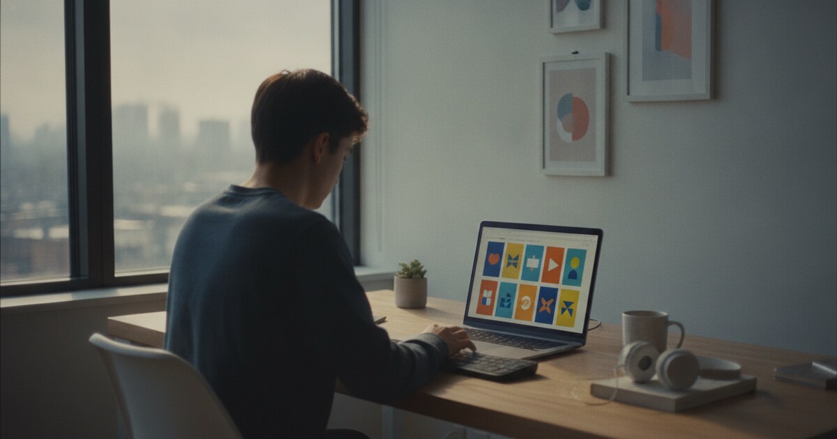 Student studying at a clean modern desk with colorful digital flashcards displayed on a laptop screen, soft warm lighting