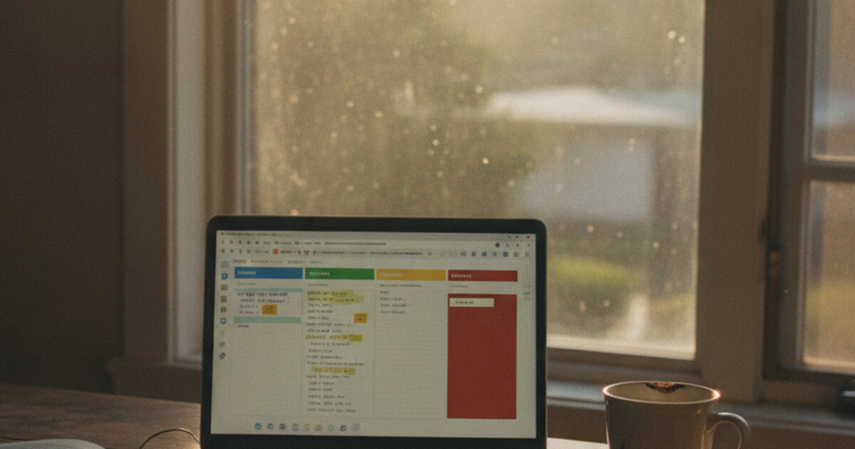 College student at a laptop with open notes organized into labeled topic sections, textbook and coffee mug nearby, afternoon light from a window