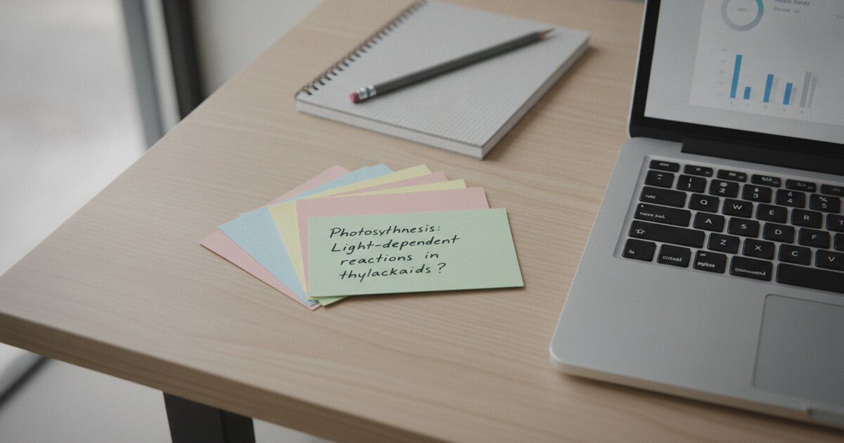 Overhead flat-lay on a light wooden desk with colorful study flashcards fanned out, handwritten terms visible on one card, beside an open laptop showing a study app, soft natural window light
