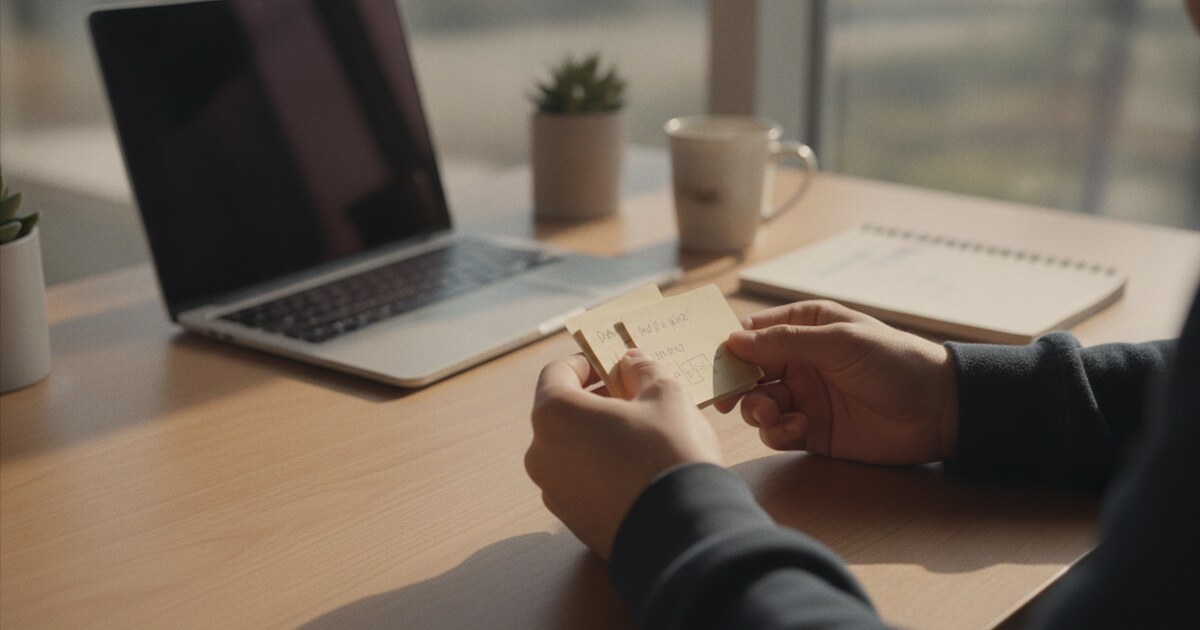Student studying with flashcards at a clean desk, hands holding cards with soft morning window light and a laptop in the background