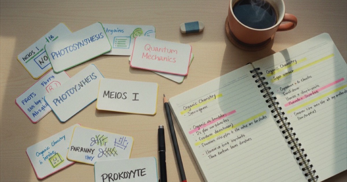 Study desk with colorful flashcards spread out next to a spiral notebook