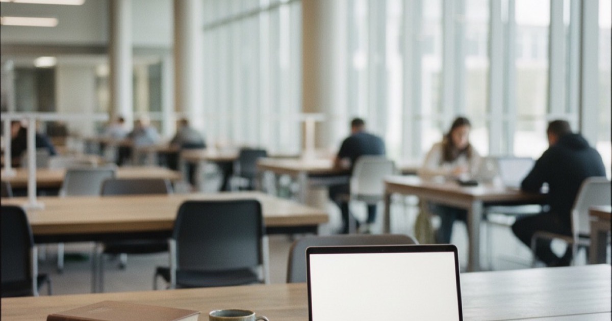 Modern university library study area with laptop on wooden table