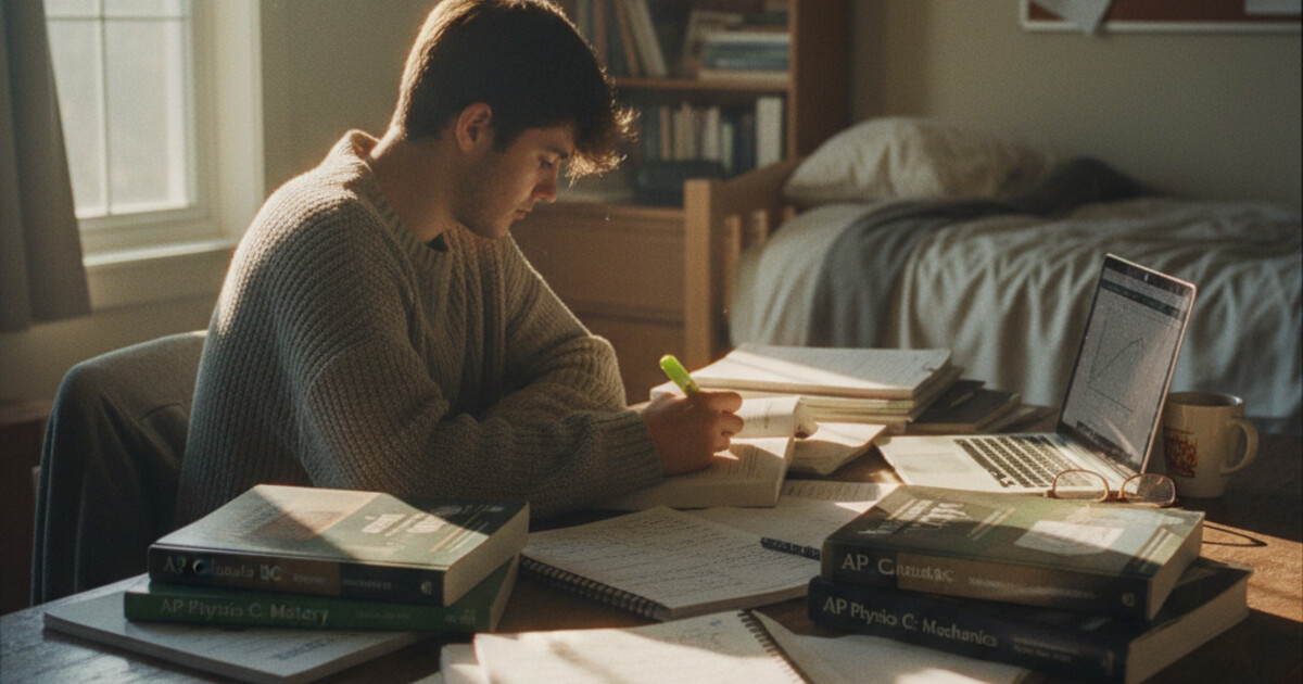 College student at a wooden desk with AP textbooks and handwritten notes spread out, laptop open, natural afternoon light from a side window