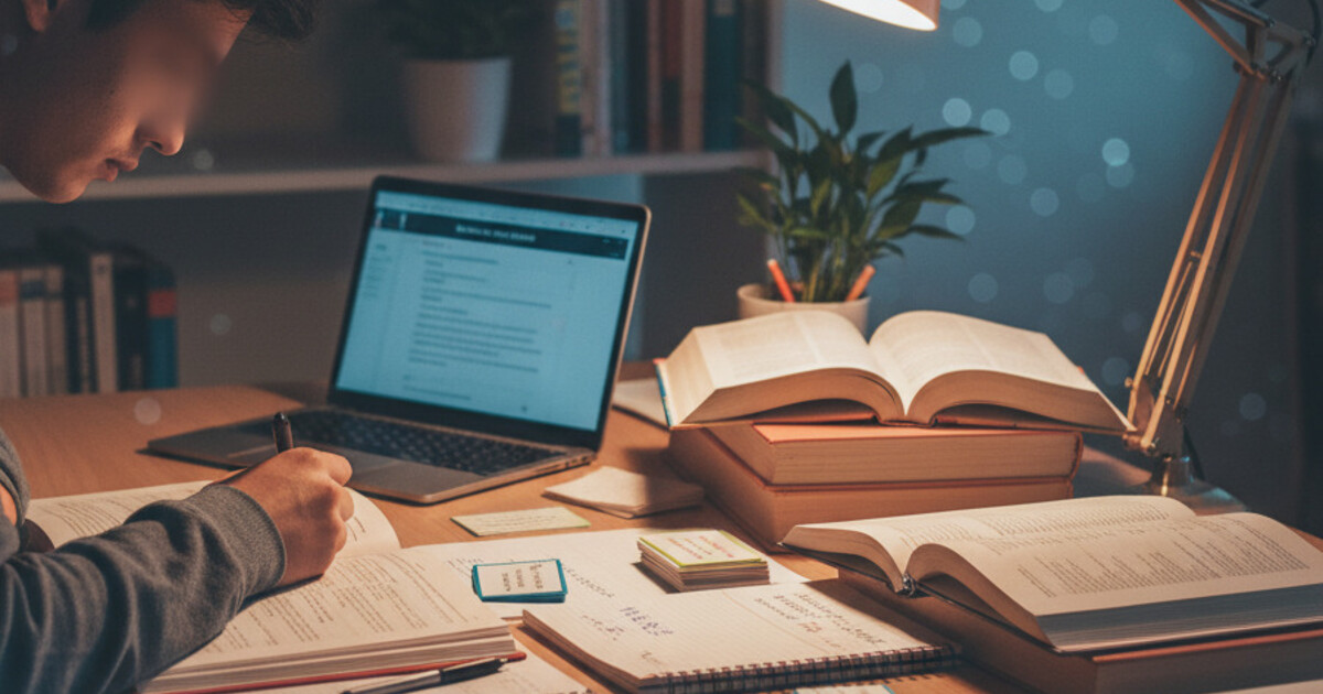 College student studying for finals at a desk with organized notes, flashcards, and a laptop