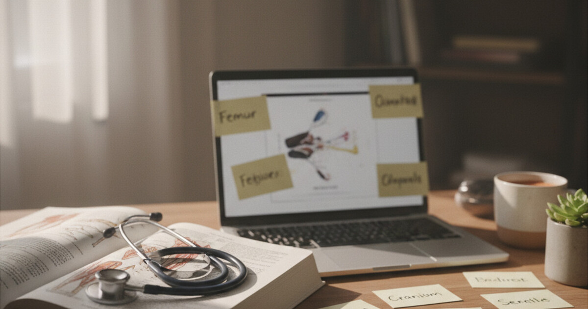 Nursing student studying at a desk with textbooks, stethoscope, and handwritten flashcards spread around a laptop