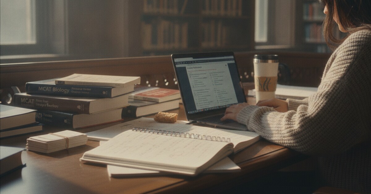 Pre-med student studying MCAT prep materials at a library desk with organized notes