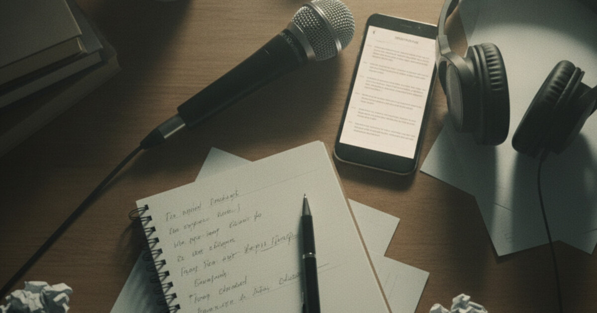 Journalist reviewing an AI-generated interview transcript and summary on a laptop next to a voice recorder
