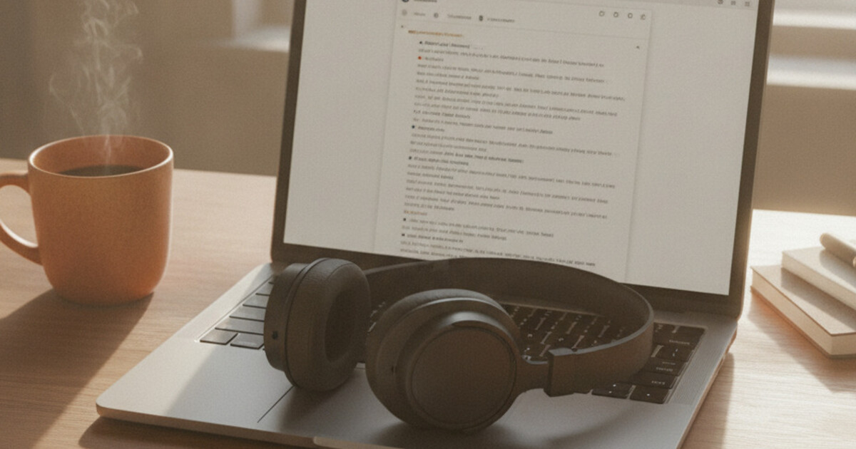 A voice recording waveform on a laptop screen next to a clean text transcript, showing audio being transcribed to text