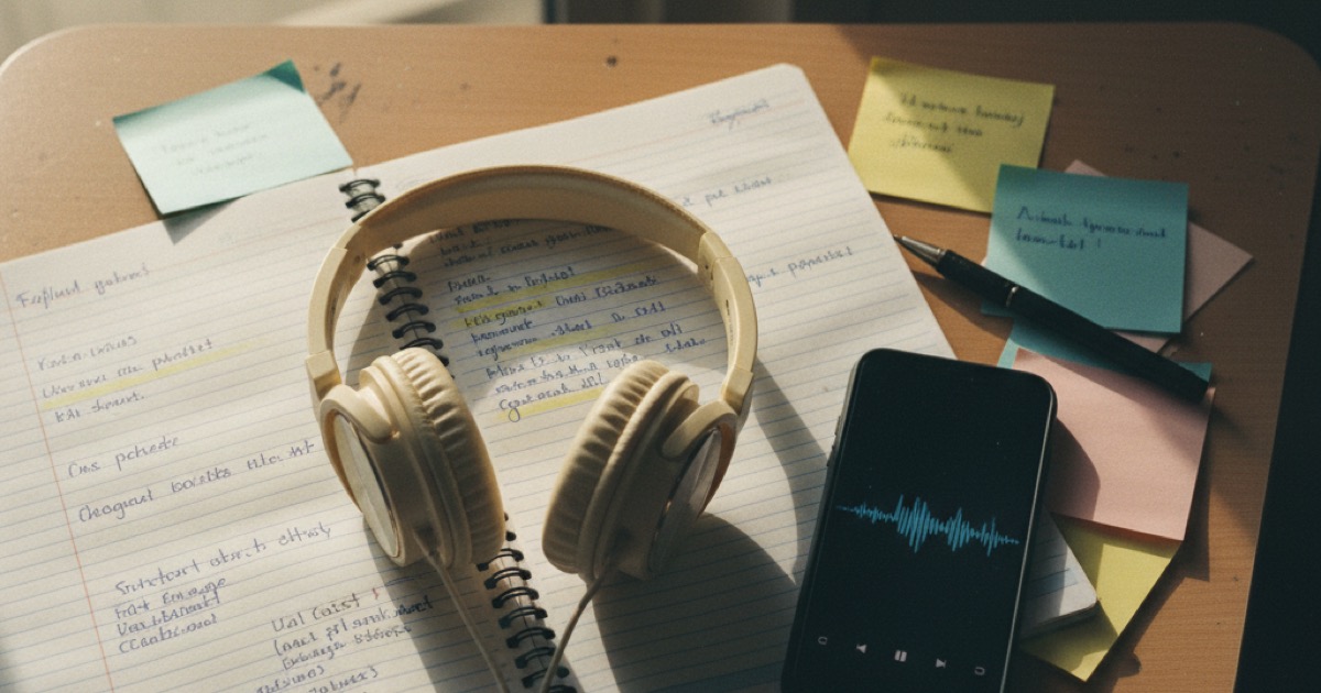 A student's desk from above showing headphones resting on an open notebook with handwritten notes and a smartphone showing an audio waveform