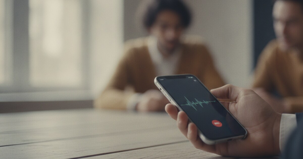 Person holding a smartphone with a recording app open during a meeting