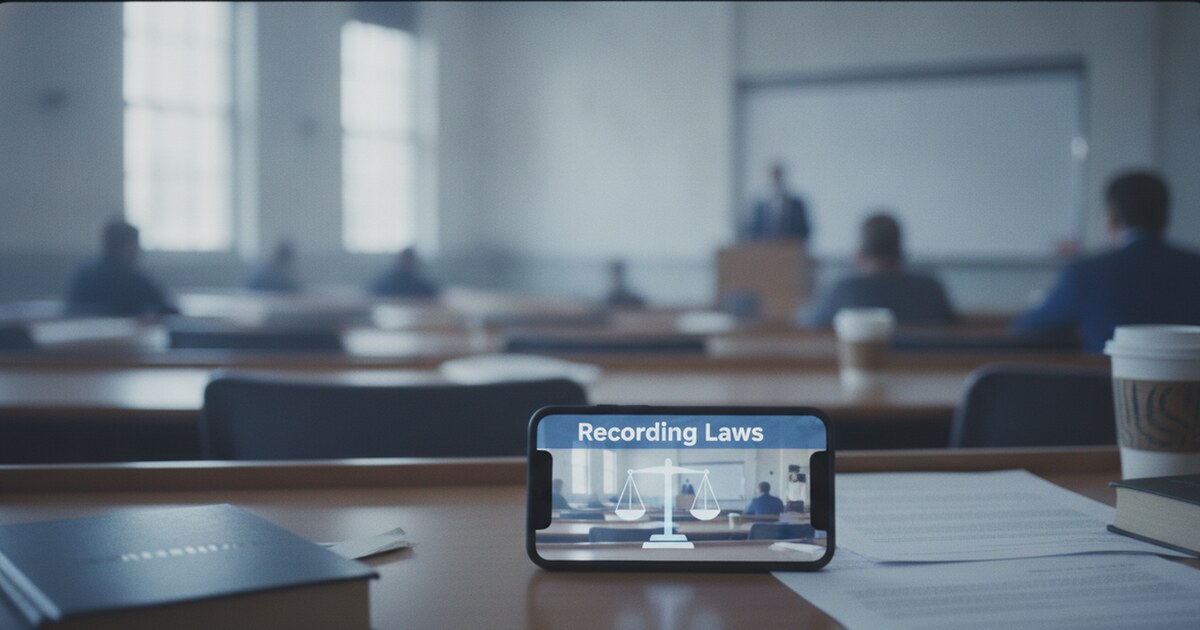 Smartphone recording a college lecture with legal scales overlay, flat illustration in blue and white tones