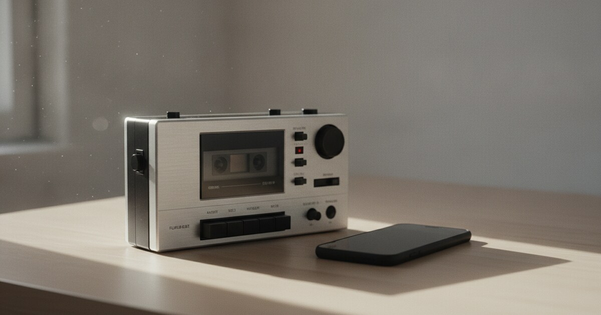 Vintage cassette tape recorder beside a smartphone on a desk, representing tape recording laws