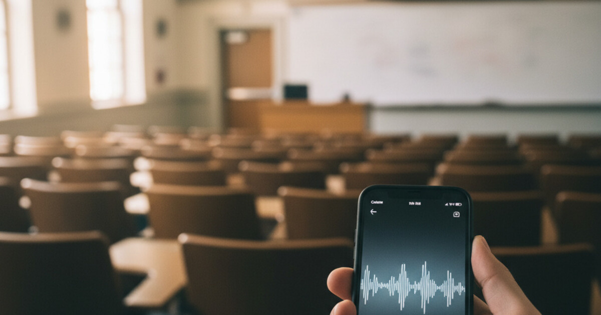 College student holding a smartphone with an audio recording app open in a lecture hall, warm afternoon light from windows