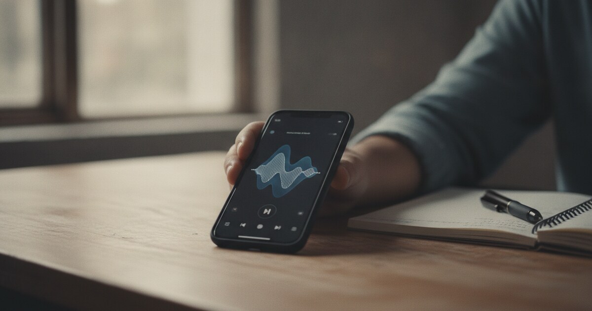 Smartphone on a wooden desk showing an audio recording waveform, with an open notebook in the background