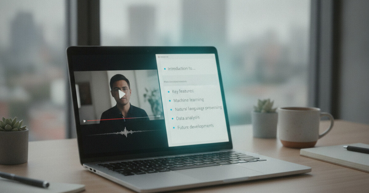A laptop showing a video file on the left and a clean AI-generated text transcript on the right, in a professional workspace