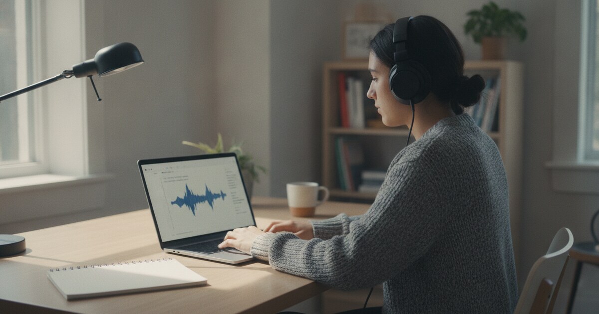 Student wearing headphones at a laptop, audio waveform on screen, transcribing audio for free