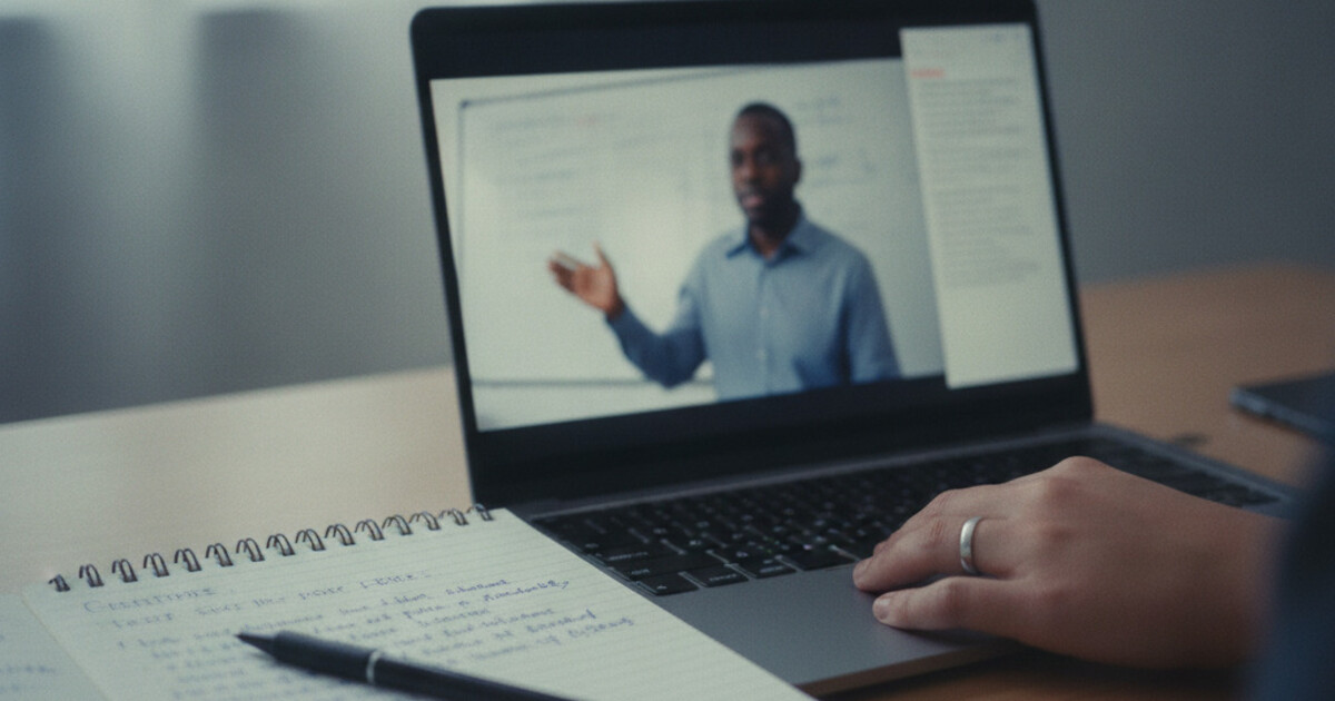 Laptop screen showing a paused lecture video with a transcript panel visible, notebook with handwritten notes beside it on a wooden desk