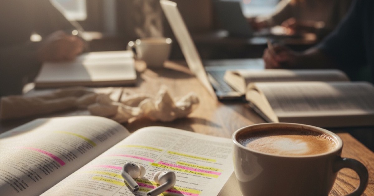 Wireless earbuds resting on an open college textbook with highlighted passages and a coffee cup on a wooden cafe table