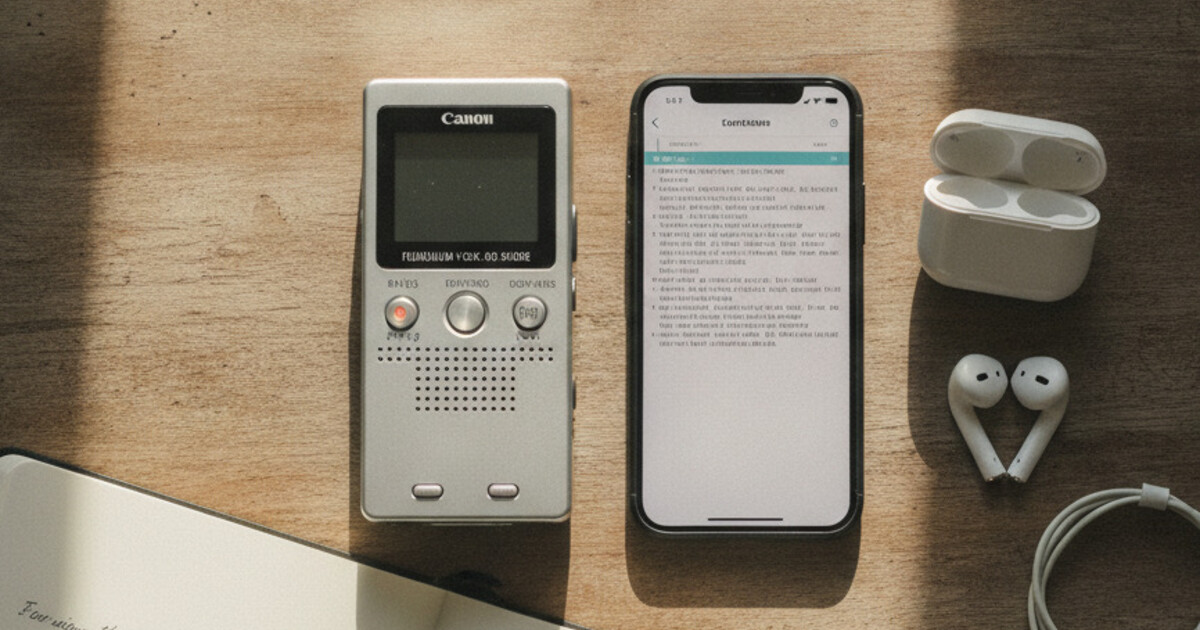 A smartphone recording audio next to a laptop showing transcribed text of a meeting on a wooden desk with a notebook and coffee cup